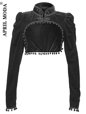 kamames Gothic Black Velvet Short Steampunk Crop Jacket Long Sleeve Women Party Bolero Victorian Coat Vintage Corset Accessories