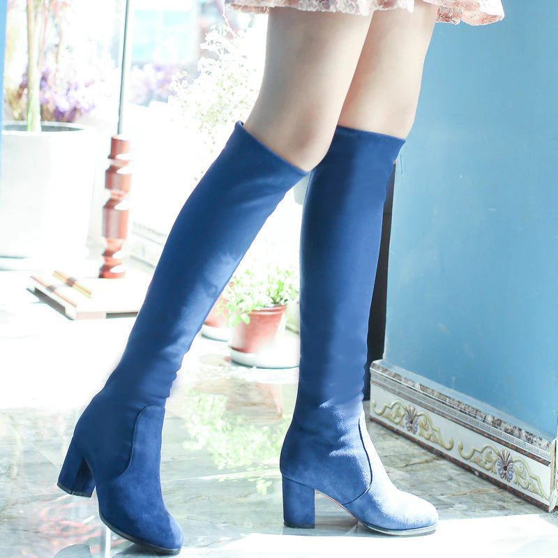 kamames Fashion Knee High Boots Women's Winter Boots Thick High Heel Stretc Long Boots Slip On Autumn Shoes Woman Black White