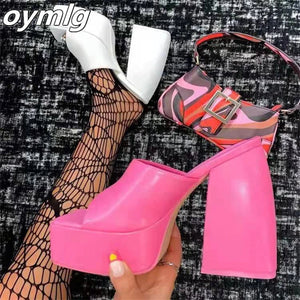 kamames high-heeled square head open-toed fish mouth solid color one-line buckle women's slippers women shoes high heel