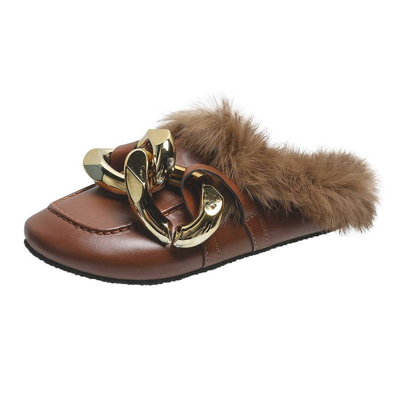 kamames Real Fur Metal Chain Mules Women Shoes Loafers Round Toe Casual Shoes Women Furry Slides Fluffy Hairy Flip Flops