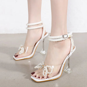 kamames Heels Summer 2022 Square Toe Transparent Heel Plus Size Women Shoes on Heels Fashion Pearl Bow Heels Sandals Zapatos Mujer
