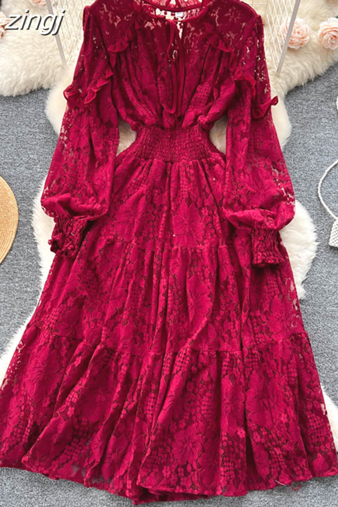 kamames Autumn Women Lace Midi Dress Vintage Round Neck Lantern Long Sleeve High Waist A-Line Elegant Party Robe New Fashion 2023