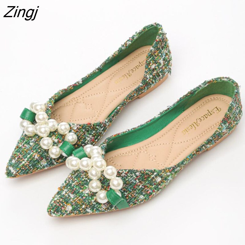 kamames Green Soft Pointed Toe Flat Shoes Women Ballet Shoes 2023 Spring New Pearl Bow Korean Ladies OL Office Shoes