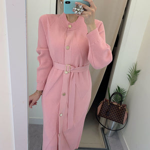 kamames Elegant O-neck Single-breasted Women Solid Sweater Dress OL Style Long Sleeve Belted Knitted Mid-length Dress Female