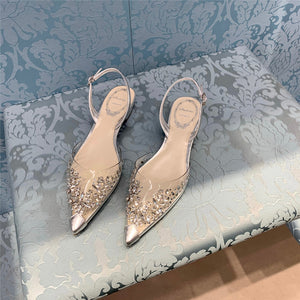 kamames Diamond Transparent Sandals 2024 Summer New Style With Small Bag Head Flat Shoes Crystal Low-Heeled Women's Shoes