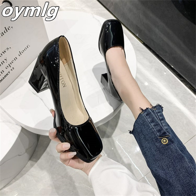 kamames heels women's 2022 spring new fashion square head thick heel shallow mouth work OL single shoes large size women's shoes