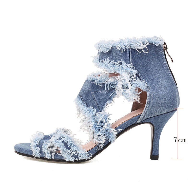 kamames Sgesvier Stiletto High Heels Gladiator Sandals for Women Cutout Jean Denim Tassel Fringe Sandal Shoes Summer Ladies size 33-46