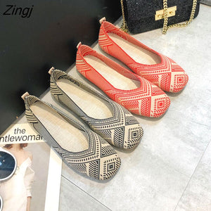 kamames Plus Size Spring New Ballet Flats Women Square Toe Knit Fabric Loafers Breathable Flat Heel Drive Shoes Driving Sneaker