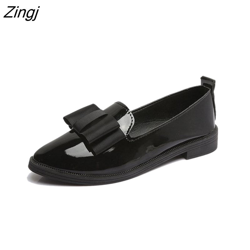 kamames Flats Women Shoes Bowtie Loafers Patent Leather Women's Low Heels Slip On Footwear Female Pointed Toe Thick Heel