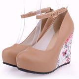 kamames Sgesvier large Sizes 34-43 Wedges High Heels Party wedding Pumps shoe Flower Print Platform Ankle-Strap Women Shoes Woman pumps