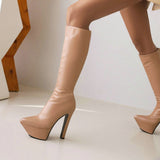 kamames Fashion Women Knee High Boots Bright Pu Platform Super High Heel Motorcycle Boots Pointed Toe Zipper Autumn Winter Shoes