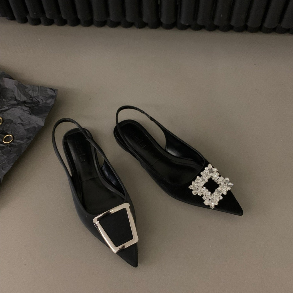 kamames Flat-Bottomed Black Baotou Sandals Fairy Shoes 2023 New Spring And Summer Pointed Diamond Single Shoes