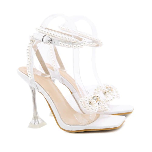 kamames Heels Summer 2022 Square Toe Transparent Heel Plus Size Women Shoes on Heels Fashion Pearl Bow Heels Sandals Zapatos Mujer