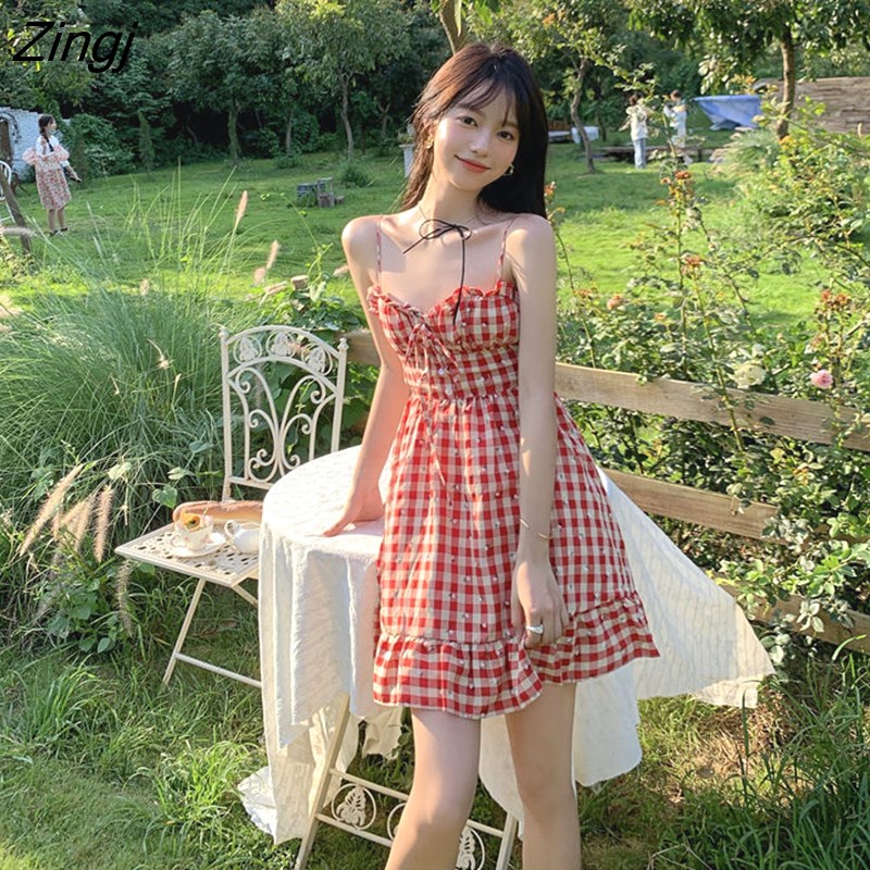 kamames Dress Women Plaid Sweet Summer Preppy Holiday Girls Sundress Ulzzang Party Empire Ladies Clothing A-line Retro Basic