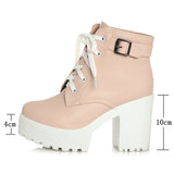kamames Autumn Fashion Women Boots Square High Heels Platform Buckle Lace Up Pu Short Booties Winter Ladies Shoes 2021 White