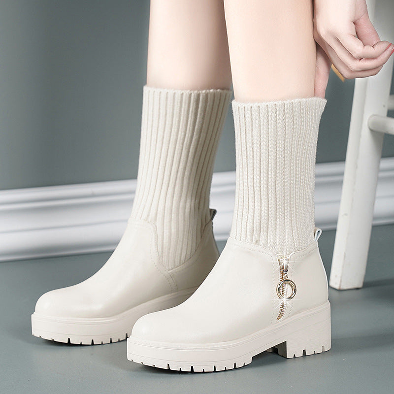 kamames Flat-Soled Short Boots Women's Thick-Soled Rice White Martin Boots With Plush Thread British Style Fashion Brand Women's Cotton Shoes