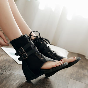 kamames Sandals Female Comfort Belt Buckle High Upper Raised Toe Student Shoes Southeast Asian Flat-Soled Roman Shoes