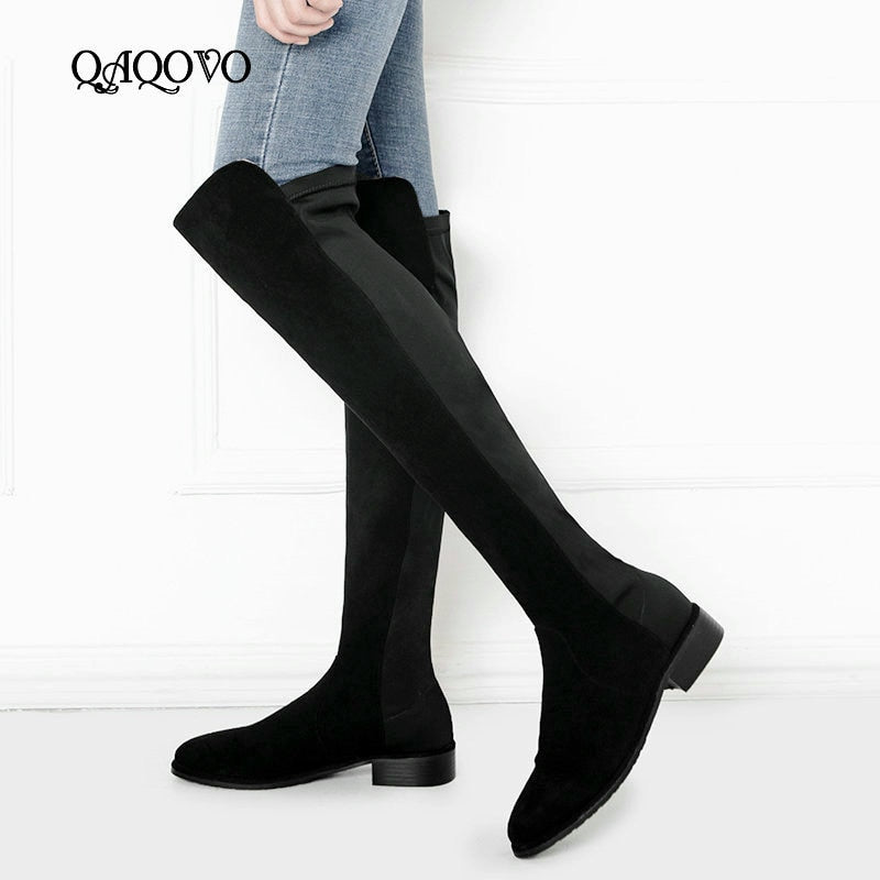 kamames Heel Knee High Boots Women Soft Flock Leather Over The Knee Boots Slip On Autumn Winter Fashion High Boots Shoes