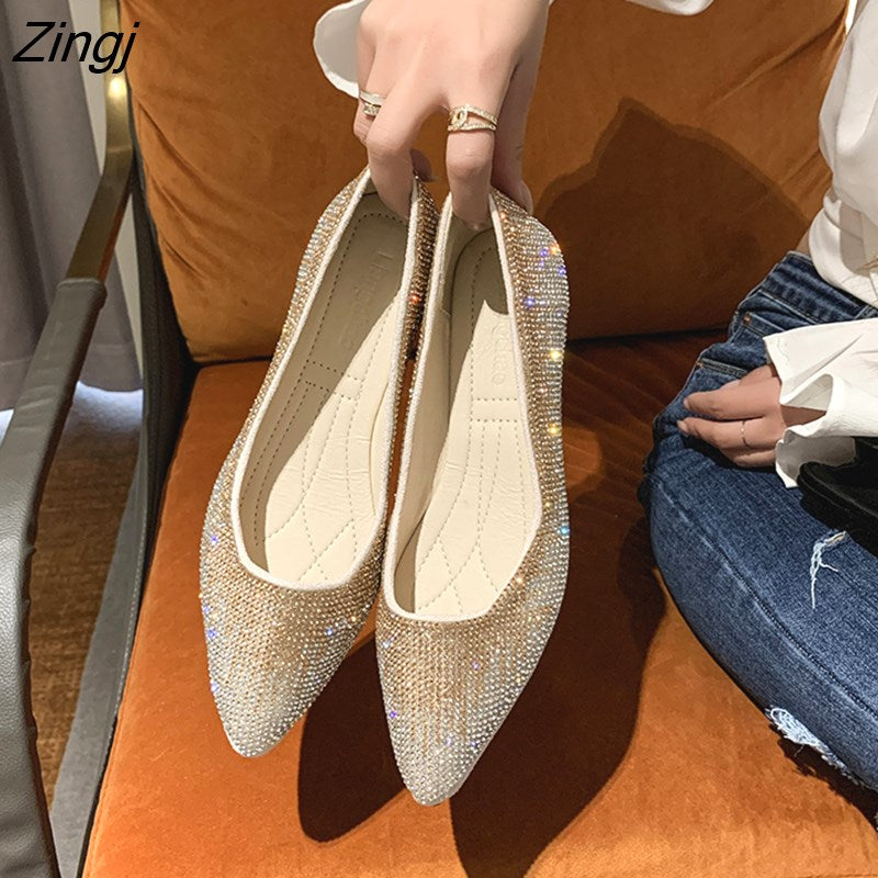 kamames Diamond Flat Shoes Woman Pointed Toe Loafers Flat Shallow Lighter Crystal Shoes Diamond Pointed Hidden Heel Wedding Shoes