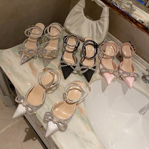 kamames Sandals 2024 Spring Style Ladies Diamond Bow Tie Women's Shoes Thin Heel Baotou French Style