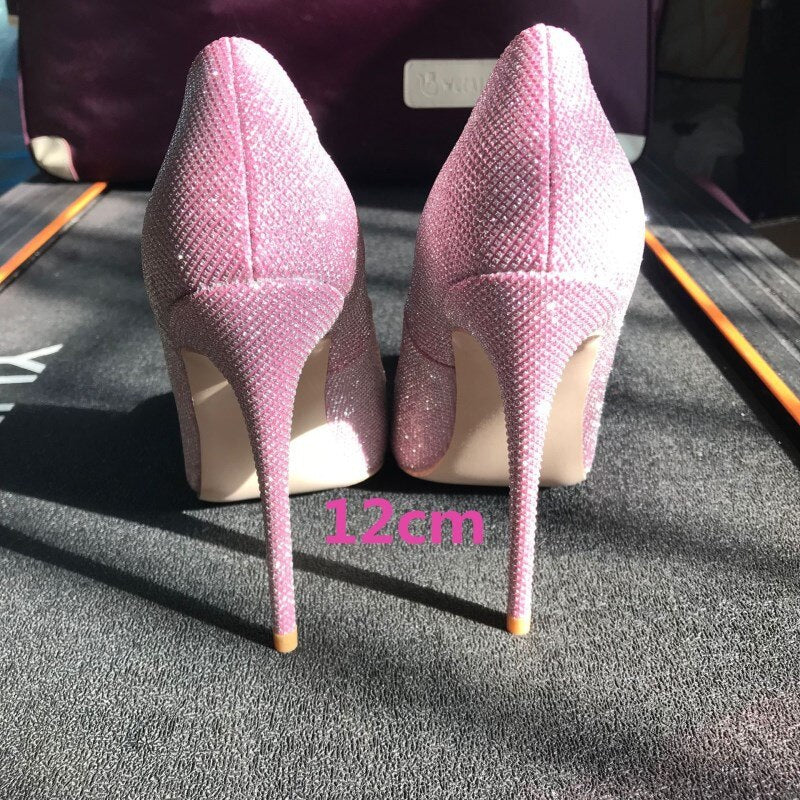 kamames Pumps Women 12cm Thin High Heels Shoes Sexy Glitter Leather Bright Pointed Toe Female Stiletto Bling Bling LF015 ROVICIYA