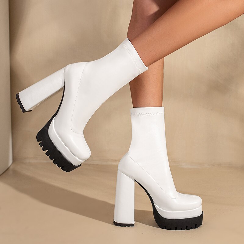 kamames Fashion Stretch Platform Women Ankle Boots Square High Heel Punk Boots Slip On Autumn Winter Female Shoes Plus Size 42 43
