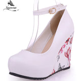 kamames Sgesvier large Sizes 34-43 Wedges High Heels Party wedding Pumps shoe Flower Print Platform Ankle-Strap Women Shoes Woman pumps
