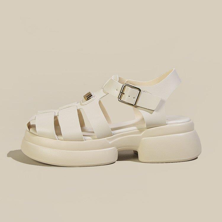 kamames Roman Sandals Women's Summer Thick Soles And High Heels Hollowed-Out Black Leather Shoes Mary Jane Love Shoes Single Shoes