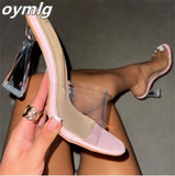 kamames Heel High Heel Sandals Large Size One-Line Transparent Strap Thick Heel Square Toe Fashion Women's Shoes heels women