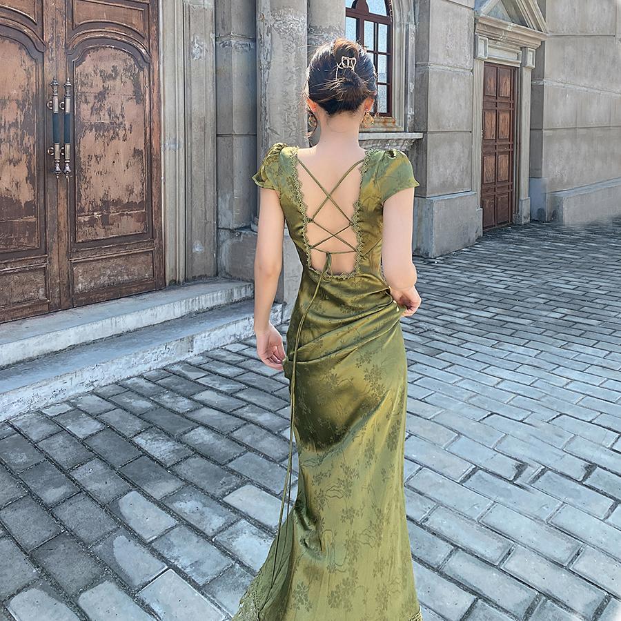 kamames Green V-Neck Satin Jacquard Dress Women's Backless Sexy Maxi Dress Summer Ladies Robe Vintage Vestidos Female Clothing 1028-0