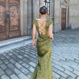 kamames Green V-Neck Satin Jacquard Dress Women's Backless Sexy Maxi Dress Summer Ladies Robe Vintage Vestidos Female Clothing 1028-0