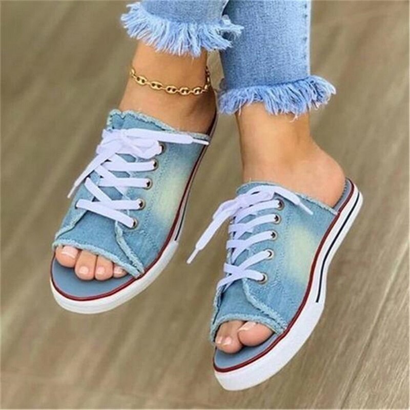 kamames summer open-toe fish mouth denim lace-up shoes casual flat shoes ladies large canvas slippers