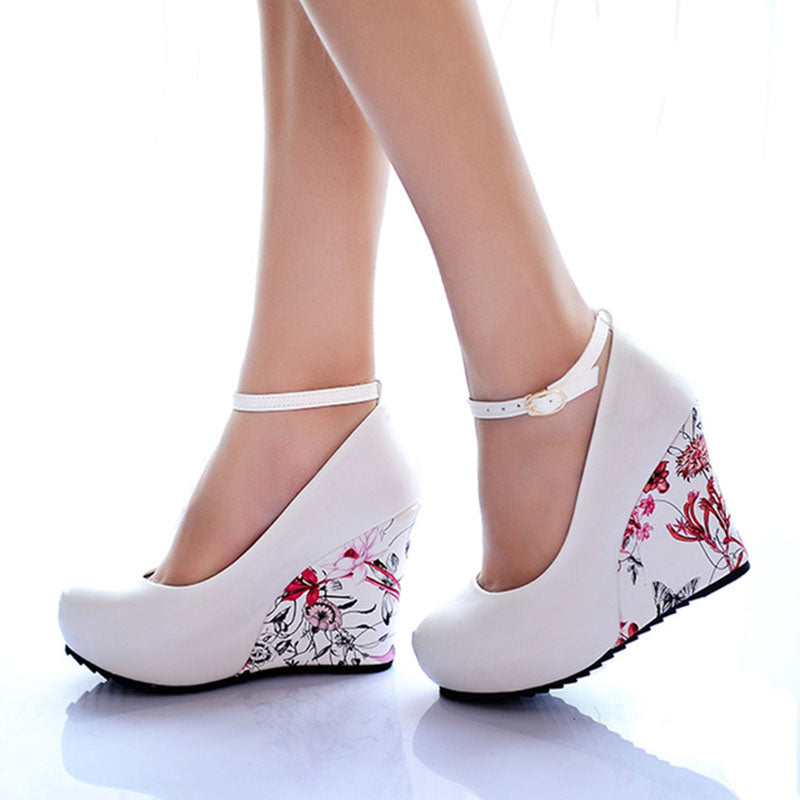 kamames Sgesvier large Sizes 34-43 Wedges High Heels Party wedding Pumps shoe Flower Print Platform Ankle-Strap Women Shoes Woman pumps
