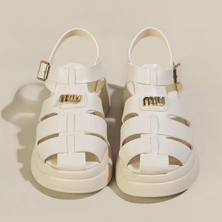 kamames Roman Sandals Women's Summer Thick Soles And High Heels Hollowed-Out Black Leather Shoes Mary Jane Love Shoes Single Shoes