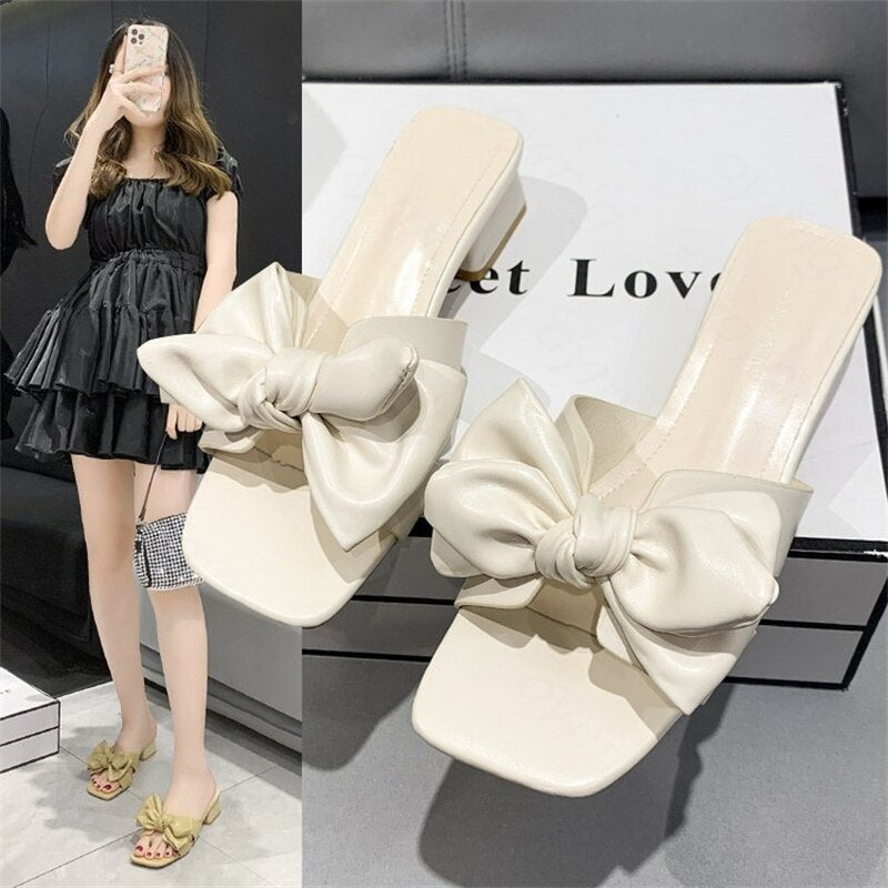 kamames female fairy style bow 2022 summer new casual square head outer wear thick heel sandals women shoes sandals pumps