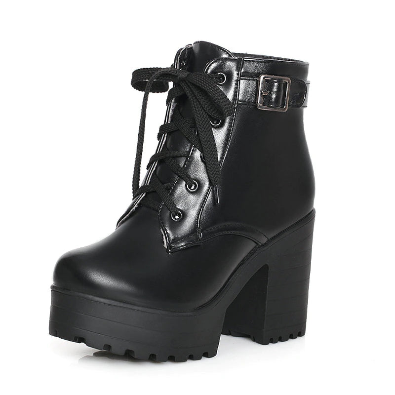 kamames Autumn Fashion Women Boots Square High Heels Platform Buckle Lace Up Pu Short Booties Winter Ladies Shoes 2021 White