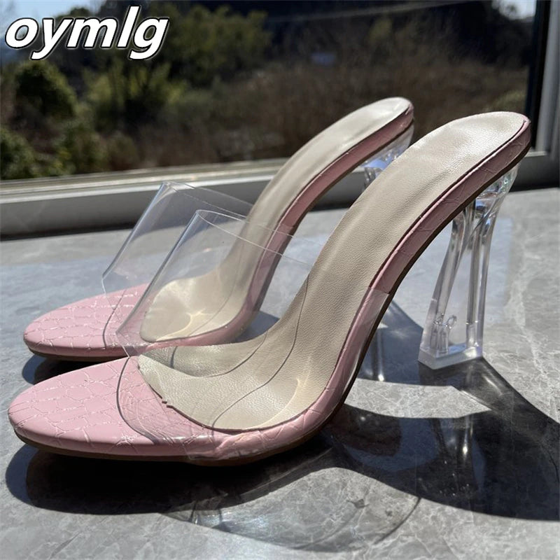 kamames Heel High Heel Sandals Large Size One-Line Transparent Strap Thick Heel Square Toe Fashion Women's Shoes heels women