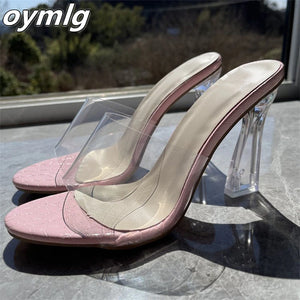kamames Heel High Heel Sandals Large Size One-Line Transparent Strap Thick Heel Square Toe Fashion Women's Shoes heels women