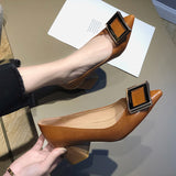 kamames Heels Pointed Toe Pumps Shoes Women Leather Med Heels V Mouth Casual Office Lady OL Shoes 5 cm Heel