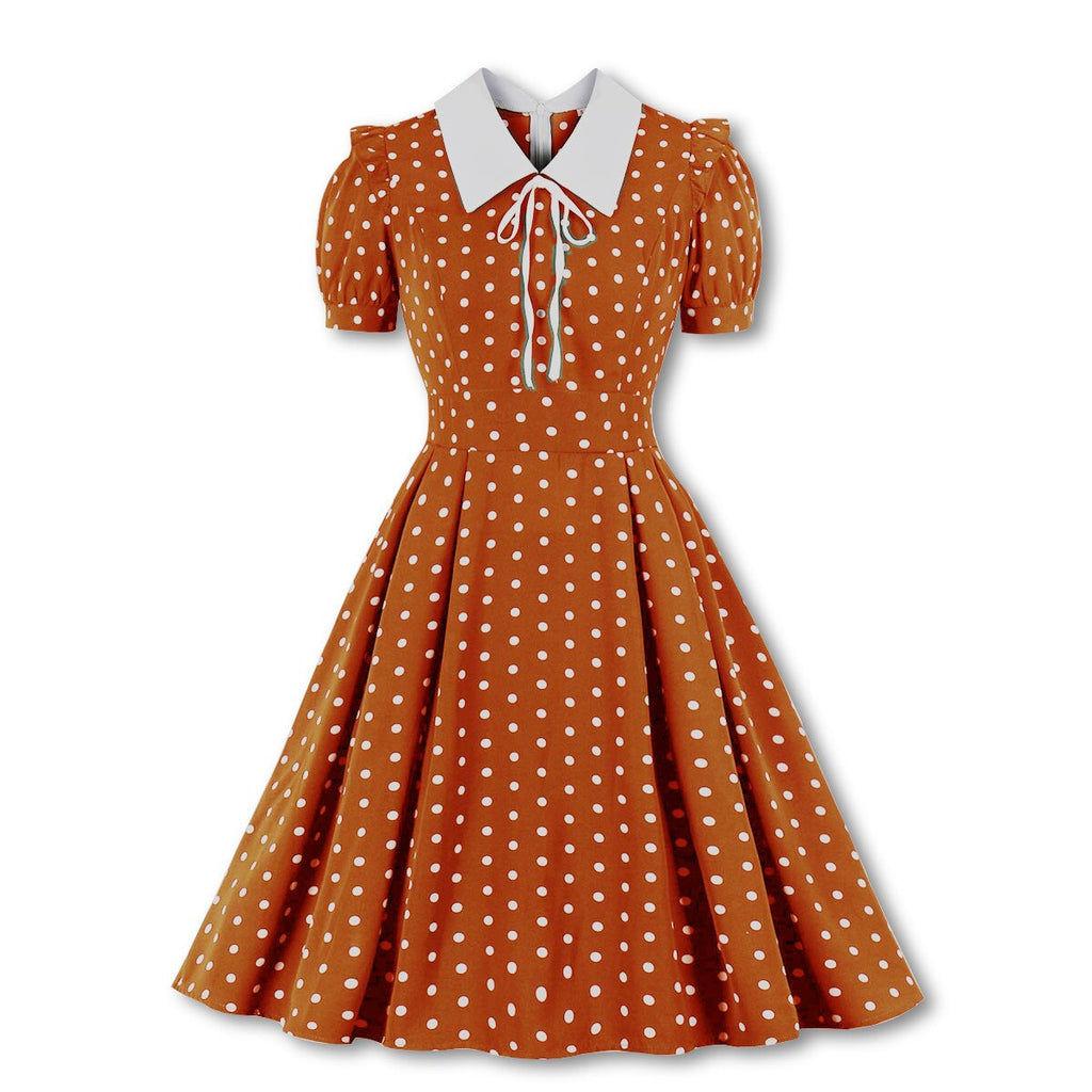 kamames Green Vintage Retro Chiffon Party Women Dress Polka Dots Print Turn Down Collar With Bow Rockabilly A Line Party Sundress