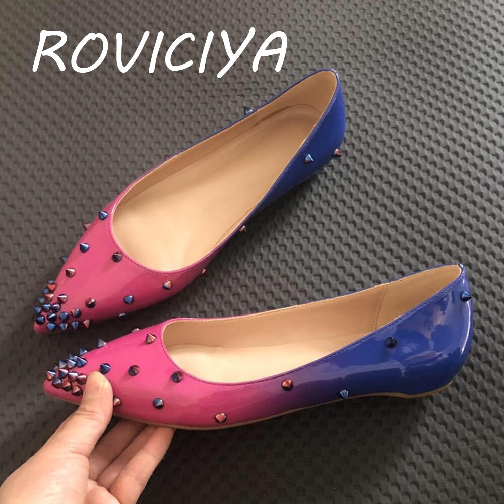 kamames Flat Women Shoes Classics Pointed Toe Shoes Fashion Women Party Wedding Gradation Color Rose Pink Blue MD036 ROVICIYA
