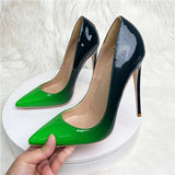 kamames Green Gradient Color Women Pointy Toe Glossy Stiletto Pumps Sexy Ladies 12cm High Heel Party 10cm Shoes QP149 ROVICIYA