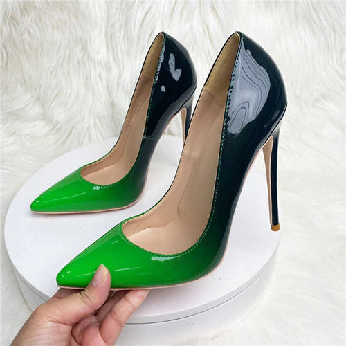 kamames Green Gradient Color Women Pointy Toe Glossy Stiletto Pumps Sexy Ladies 12cm High Heel Party 10cm Shoes QP149 ROVICIYA