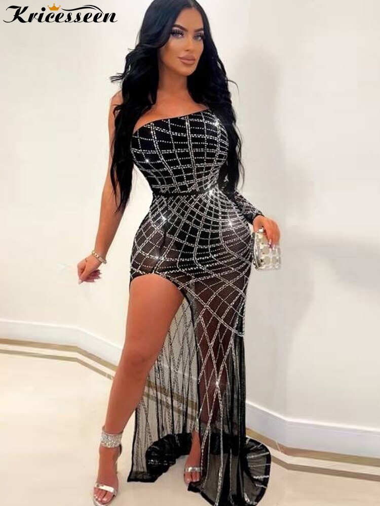 kamames Sexy Rhinestone Crystal Sheer Side Split Irregular Maxi Dress Women Off The Shoulder One Sleeve Party Club Long Dress