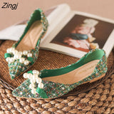 kamames Green Soft Pointed Toe Flat Shoes Women Ballet Shoes 2023 Spring New Pearl Bow Korean Ladies OL Office Shoes