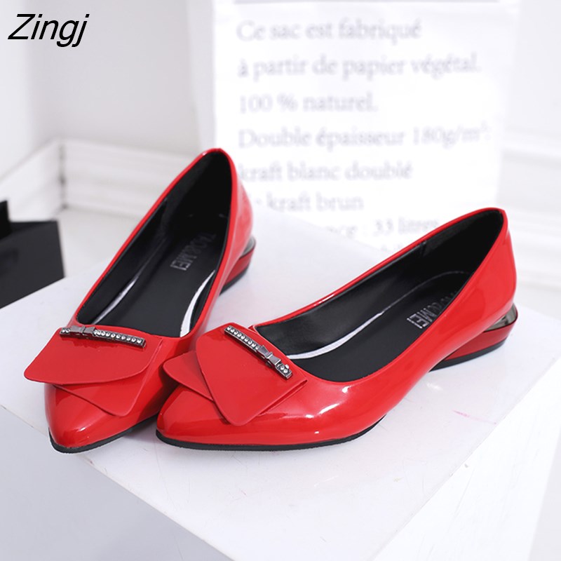 kamames Elegant Red Pointed Toe Flat Shoes Women Patent Leather Flats Fashion Slip On Ladies Shoes Lady Slip On Ballet Office Shoes