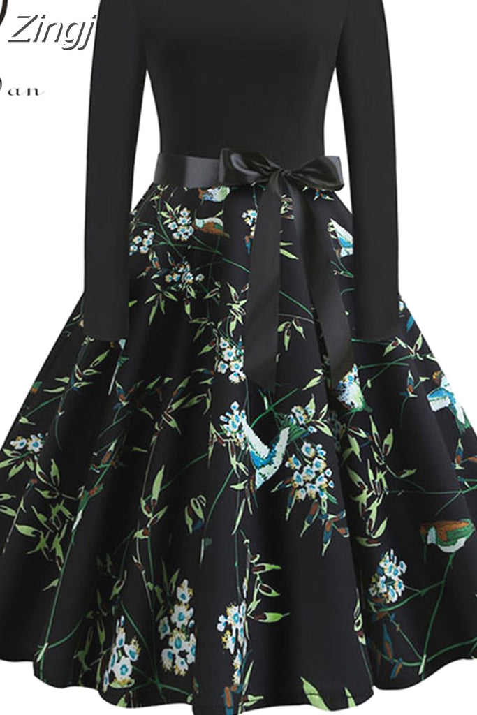 kamames Print Vintage Women New Spring Elegant Party Long Sleeve Casual Black Patchwork Midi Dress