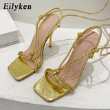 kamames Gold Narrow Band Woman Sandals 2023 New Summer Ankle Cross-tied Metal Thin High Heel Shoes Party Prom Sandalias De Mujer