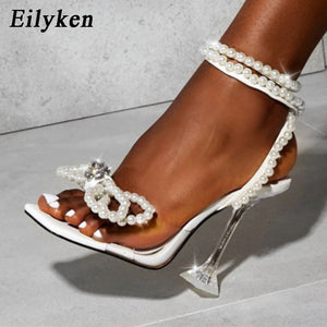 kamames Designer Pearls Wedding Bride Women Sandals Fashion Summer Square Toe PVC Transparent Crystal Perspex High Heels Shoes