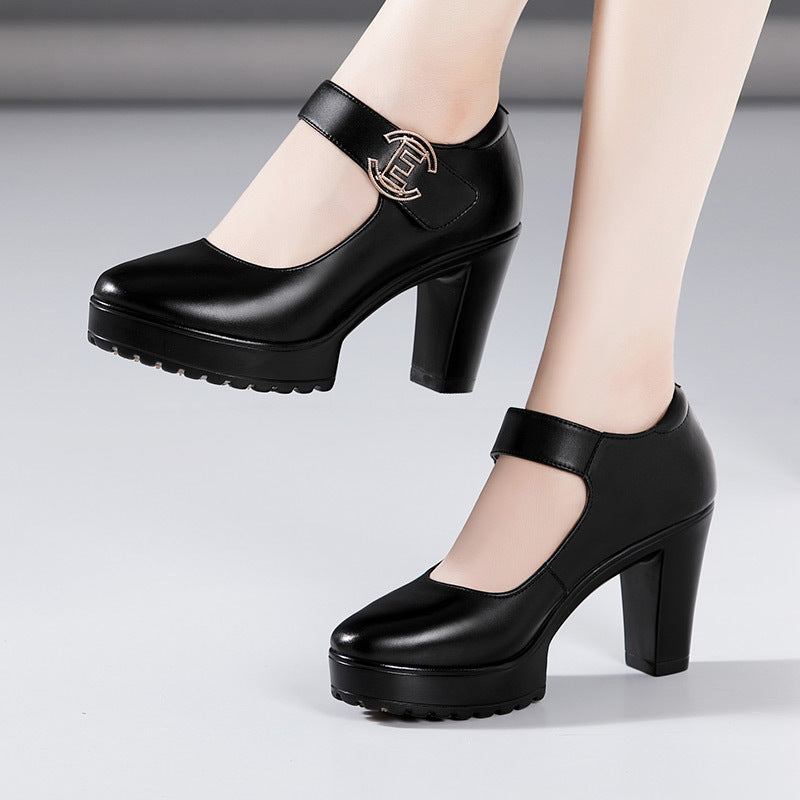 kamames Cowhide Cheongsam Model Catwalk High Heels Women's Non-Slip Round Head Thick-Soled Waterproof Platform Professional Work Shoes Women's Singles Shoes